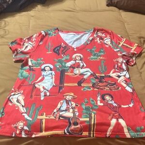 SHEIN Red Western Print Short Sleeve Tee